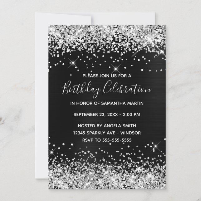 Silver Glitter Black Foil Birthday Celebration Invitation (Front)