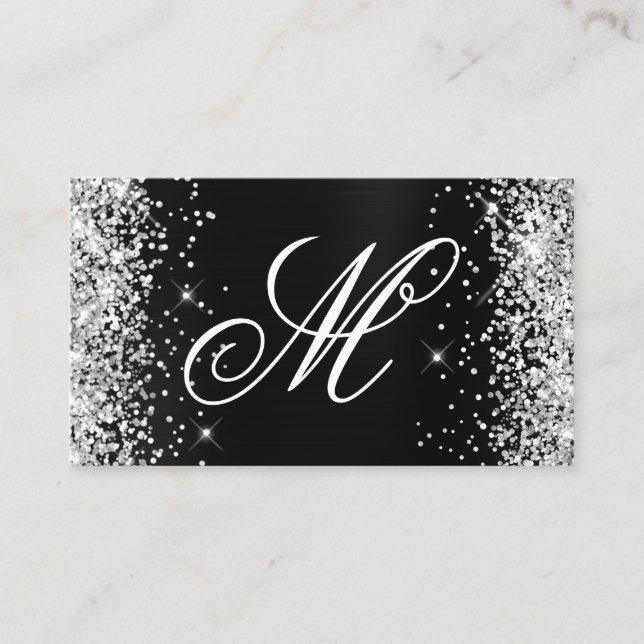 Silver Glitter Black Foil Fancy Monogrammed Business Card (Front)