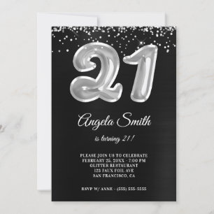Silver Glitter Black Foil Number 21 Birthday Invitation