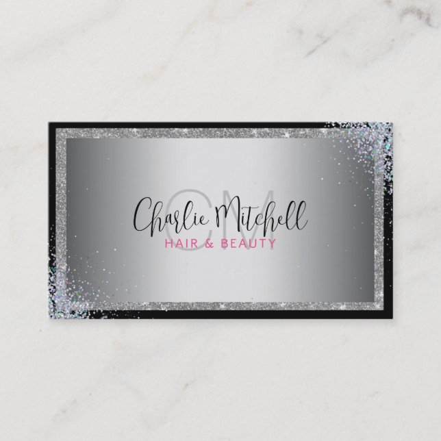 Silver Glitter Black Frame  Business Card (Front)