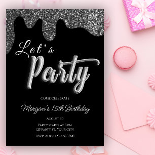 Silver Glitter Black Girly Birthday Party Invitation