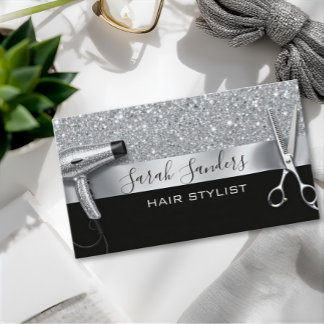 Silver Glitter & Black Glam Hair Stylist Business Card
