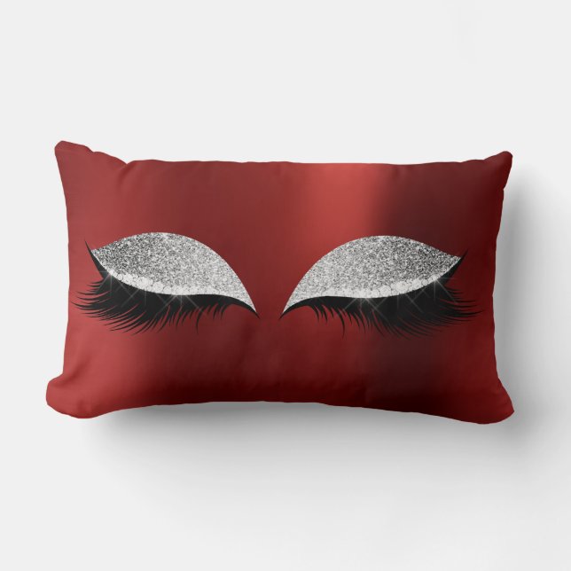 Silver Glitter Black Glam Makeup Cat Ruby Red Wine Lumbar Pillow (Front)