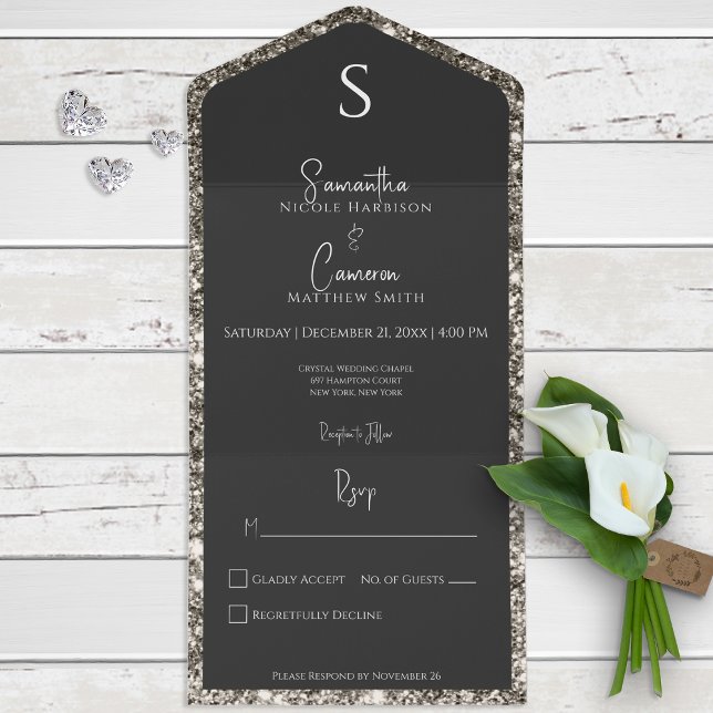 Silver Glitter & Black Glam Modern No Dinner All In One Invitation (Creator Uploaded)