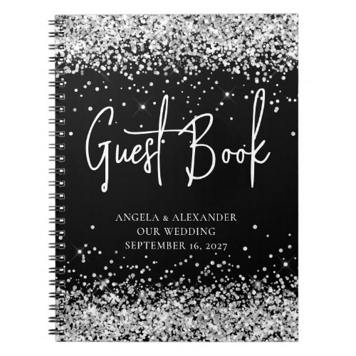 Silver Glitter Black Glam Wedding Guestbook Notebook
