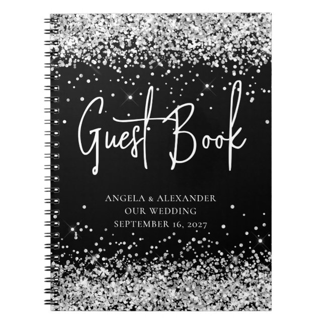 Silver Glitter Black Glam Wedding Guestbook Notebook (Front)