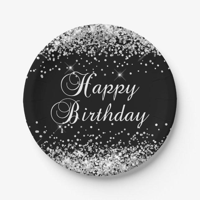 Silver Glitter Black Happy Birthday Paper Plates (Front)