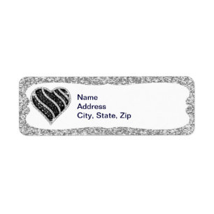 Silver Glitter Black Heart Address Labels