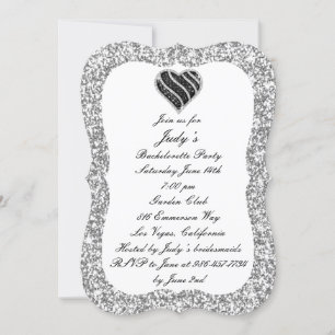 Silver Glitter Black Heart Bachelorette Party Invitation