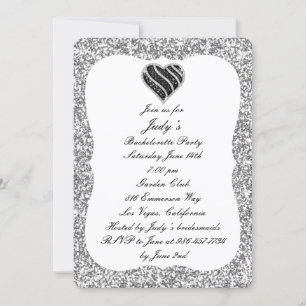 Silver Glitter Black Heart Bachelorette Party Invitation