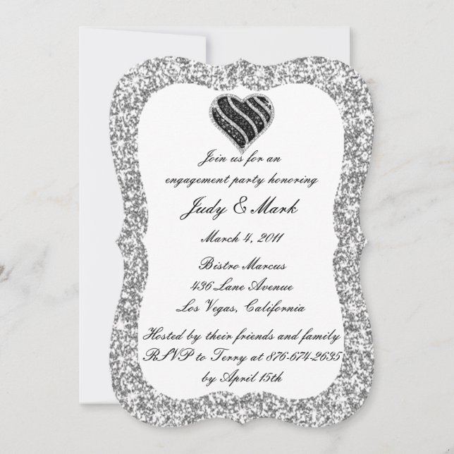 Silver Glitter Black Heart Engagement Party Invite (Front)