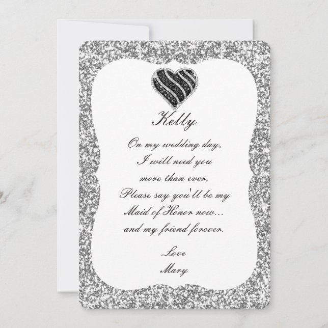 Silver Glitter Black Heart Maid Of Honor Card (Front)