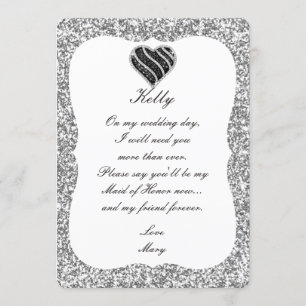 Silver Glitter Black Heart Maid Of Honor Card