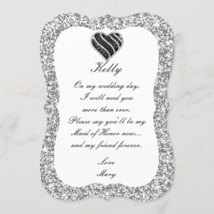 Silver Glitter Black Heart Maid Of Honor Card