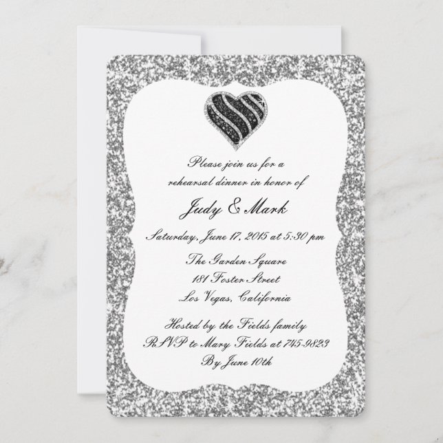 Silver Glitter Black Heart Rehearsal Dinner Invite (Front)