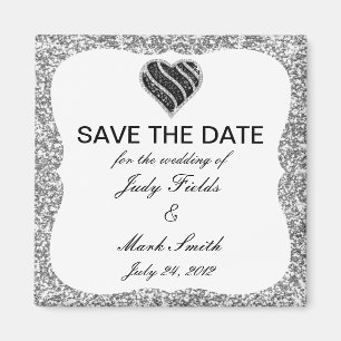 Silver Glitter Black Heart Save The Date Magnet