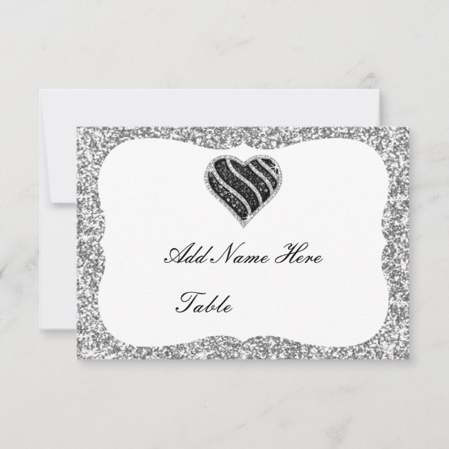 Silver Glitter Black Heart Table Place Card (Front)