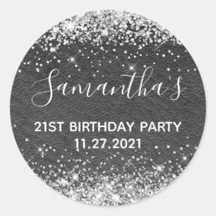Silver Glitter Black Leather 21st Birthday Party Classic Round Sticker