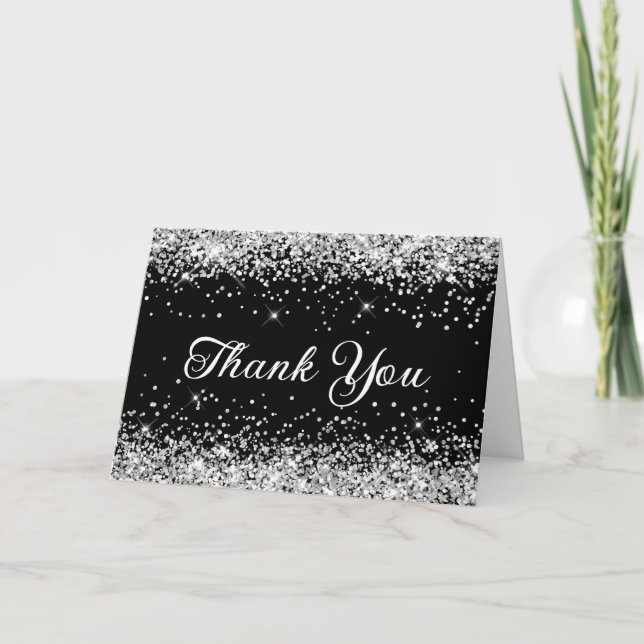 Silver Glitter Black Letterpress Thank You Card (Front)