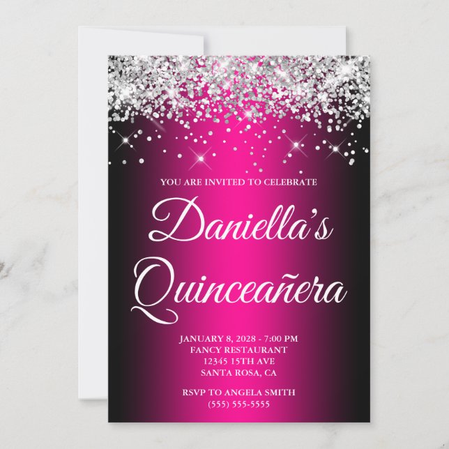 Silver Glitter Black Magenta Ombre Quinceañera Invitation (Front)