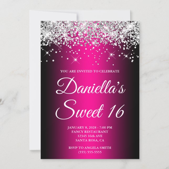 Silver Glitter Black Magenta Ombre Sweet 16 Invitation (Front)