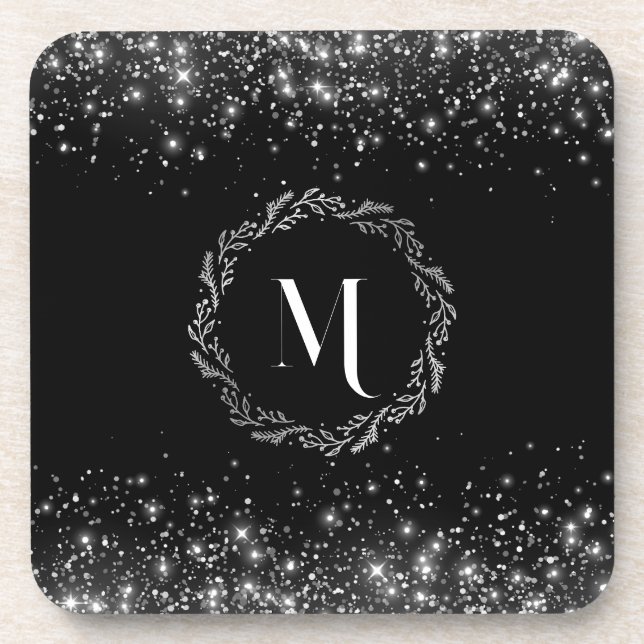 Silver Glitter Black Monogram Beverage Coaster (Front)