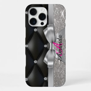 Silver glitter black monogram iPhone 16 pro max case