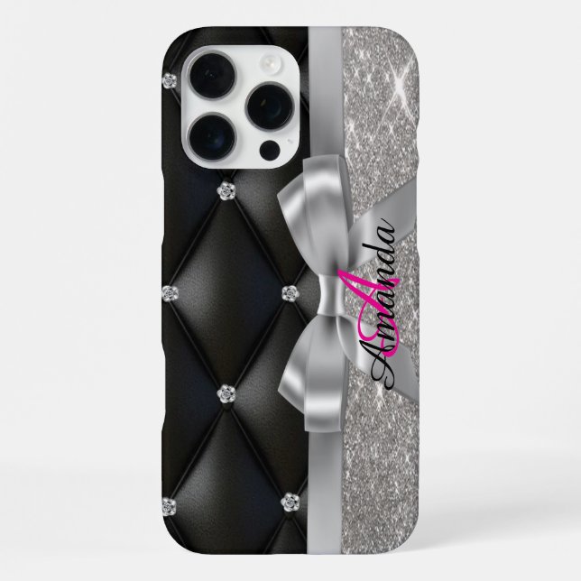 Silver glitter black monogram  iphone case (Back)