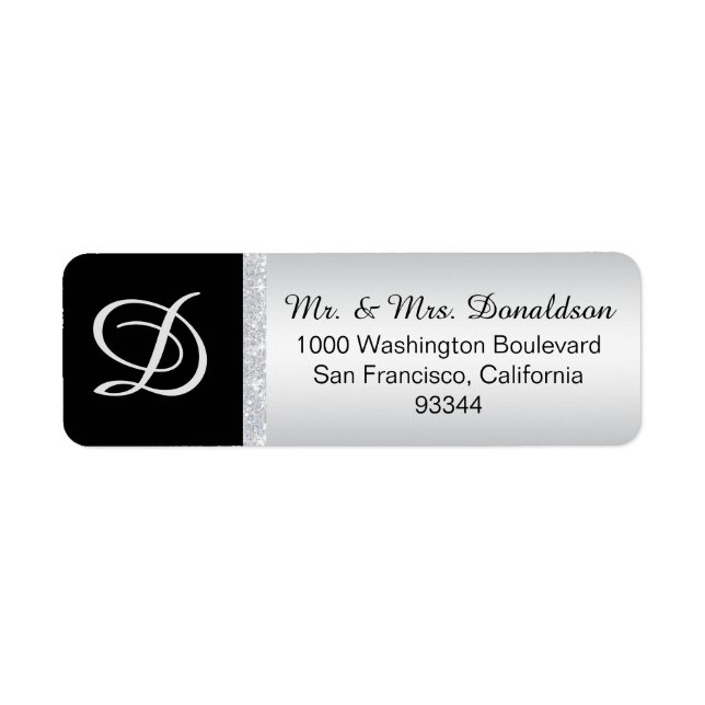Silver Glitter Black Monogram Letter Initial Label (Front)