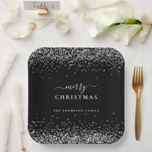 Silver Glitter Black Name Merry Christmas Paper Plates