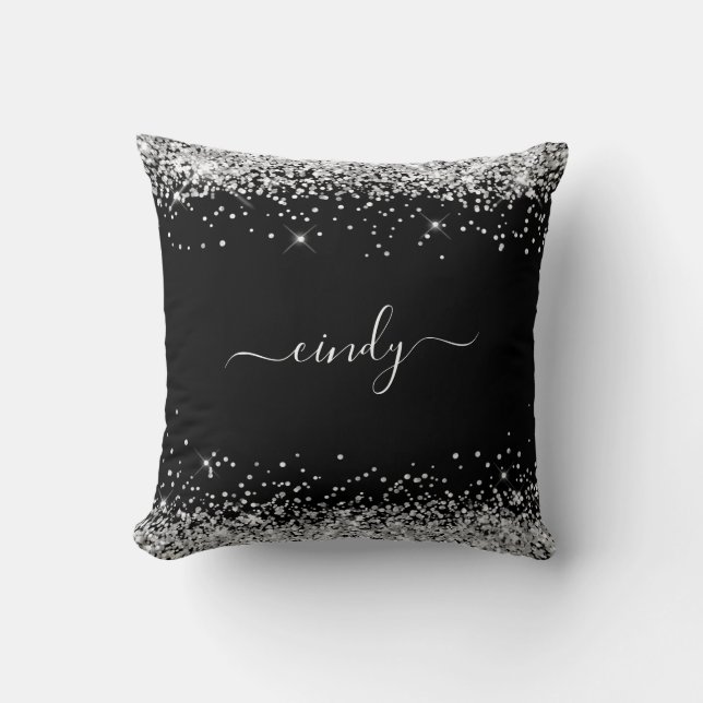 Silver Glitter Black Name Throw Pillow (Front)