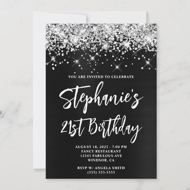 Silver Glitter Black Ombre Bold 21st Birthday Invitation (Front)