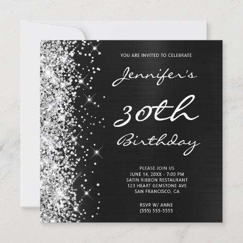 Silver Glitter Black Ombre Foil 30th Birthday Invitation