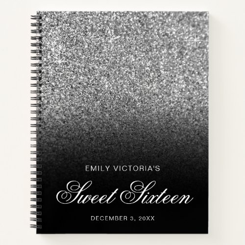 Silver Glitter Black Ombre Sweet Sixteen Guestbook Notebook