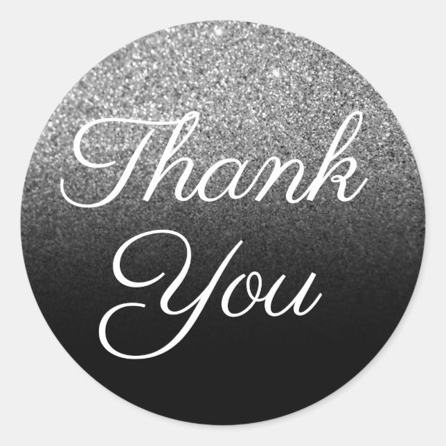 Silver Glitter Black Ombre Thank You Classic Round Sticker (Front)
