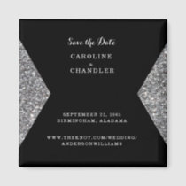 Silver Glitter & Black Photo Wedding  Save The Dat Magnet