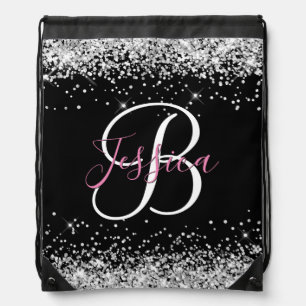 Silver Glitter Black Pink and White Monogrammed Drawstring Bag