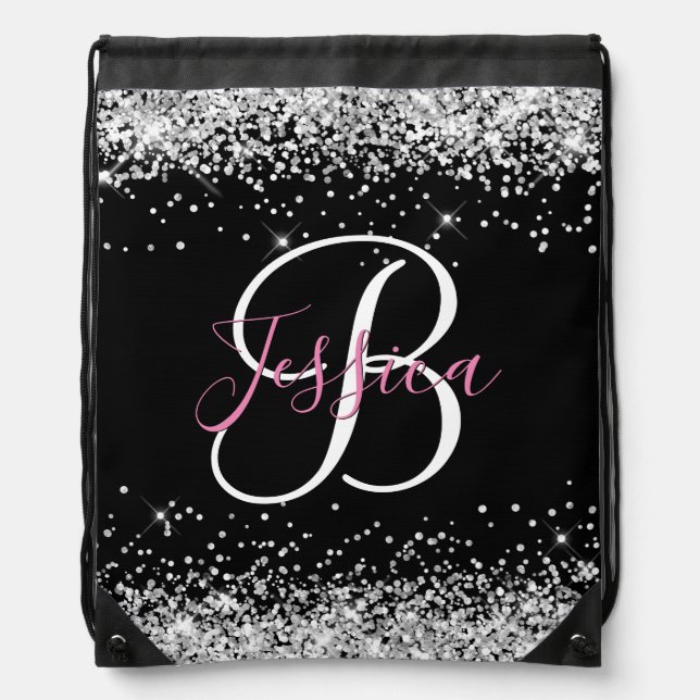 Silver Glitter Black Pink and White Monogrammed Drawstring Bag (Front)