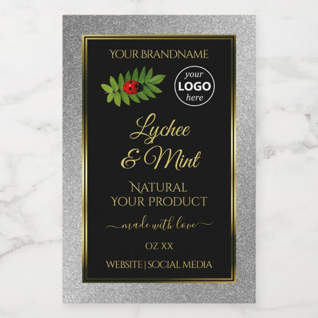 Silver Glitter Black Product Labels Ladybug Logo (Single Label)
