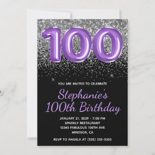 Silver Glitter Black Royal Purple Number 100 Invitation