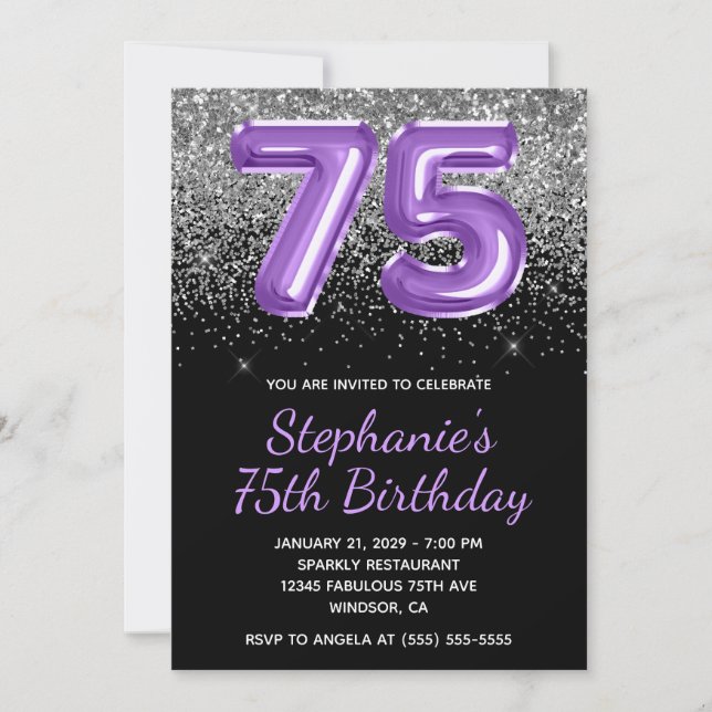 Silver Glitter Black Royal Purple Number 75 Invitation (Front)