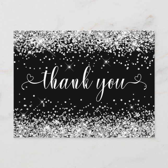 Silver Glitter Black Sweet 16 Hearts Thank You Postcard (Front)