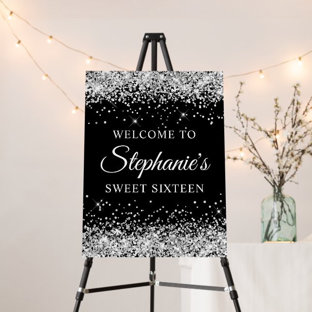 Silver Glitter Black Sweet Sixteen Welcome Foam Board (In Situ (Stand))