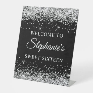 Silver Glitter Black Sweet Sixteen Welcome Pedestal Sign