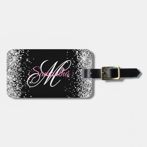 Silver Glitter Black White and Pink Fancy Monogram Luggage Tag