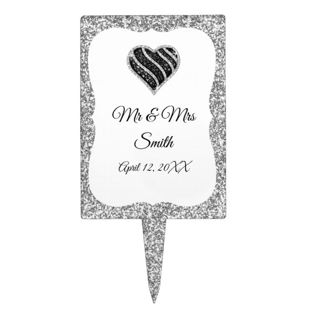 Silver Glitter Black & White Heart Wedding Cake Topper (Front)