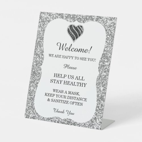 Silver Glitter Black  White Heart Wedding Safety  Pedestal Sign