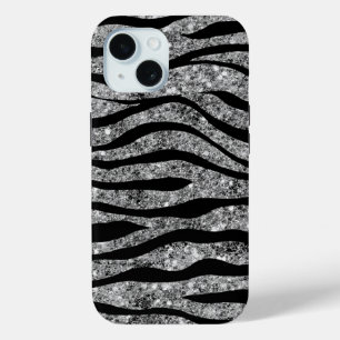 Silver Glitter & Black Zebra Stripes iPhone 15 Case