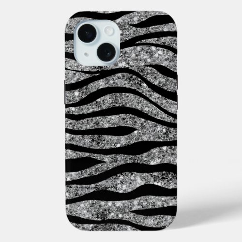 Silver Glitter  Black Zebra Stripes iPhone 15 Case