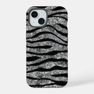 Silver Glitter & Black Zebra Stripes iPhone 15 Case